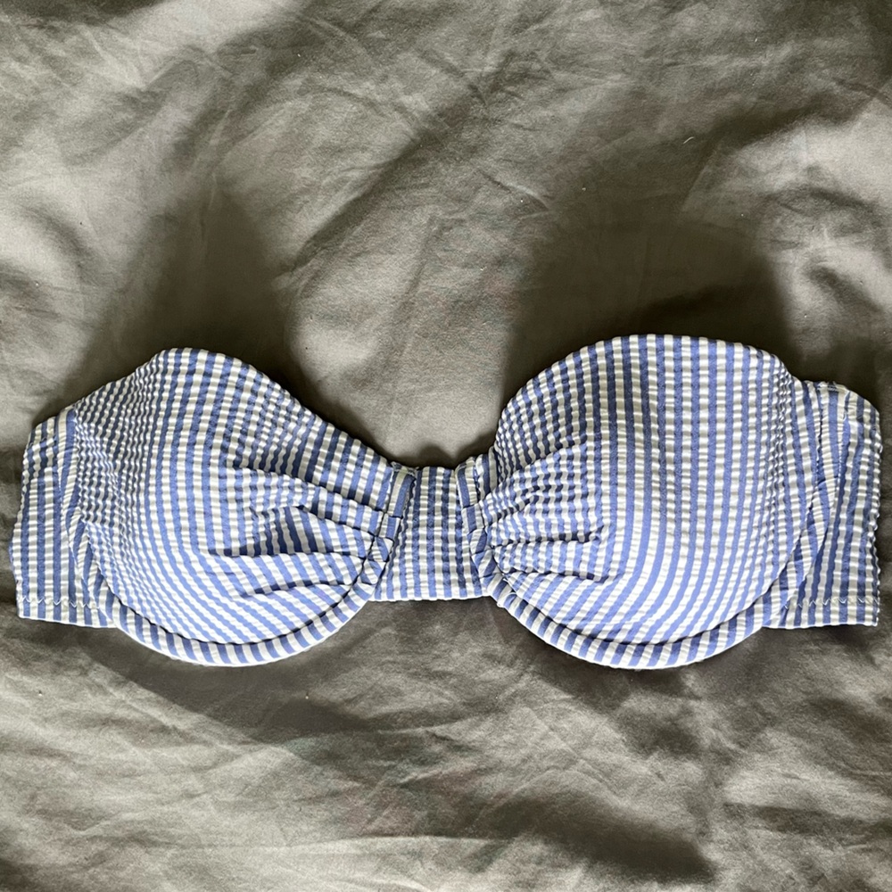 J. Crew Blue and White Seersucker Bikini Top Multi-way Bandeau 34B